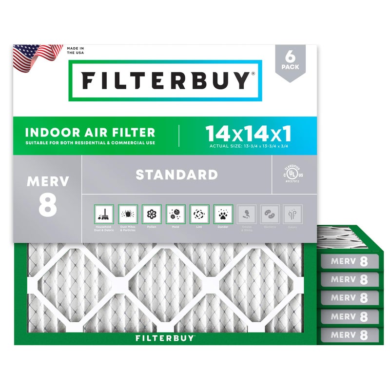 Filterbuy 14x14x1 Air Filter MERV 8 Essential Dust & Allergy Defense (6-Pack), Electrostatic Pleated HVAC AC Furnace Filters Replacement, Made in USA (Actual Size: 13.75 x 13.75 x 0.75) - Image 1